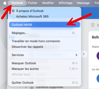 Interrupteur Nouvel Outlook et option Revenir à l'ancien Outlook sur Mac