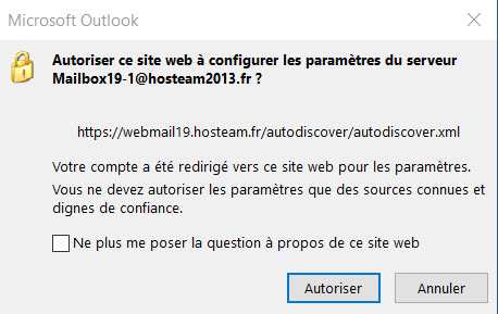 Fenêtre Autodiscover dans Outlook